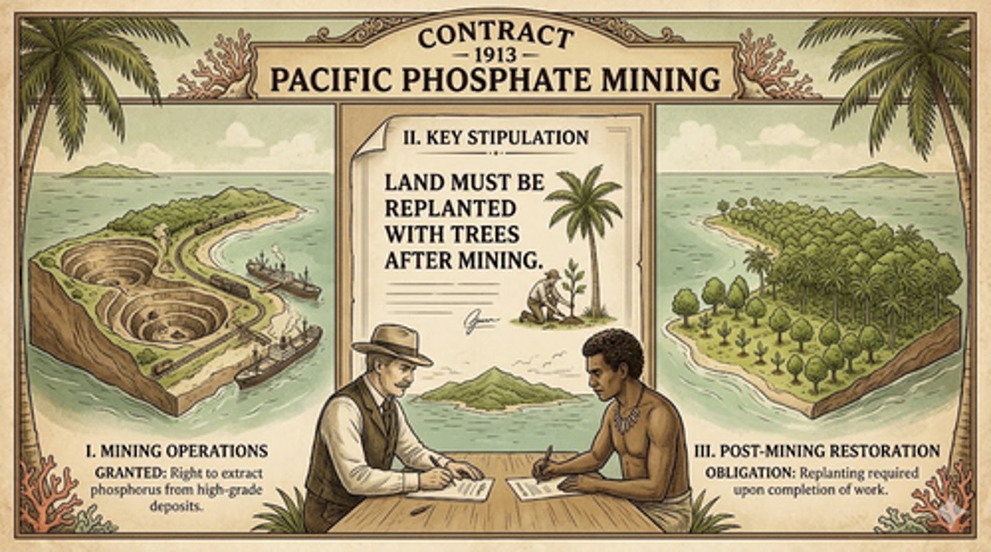 <p>Chapter: Remedies for Breach of Contract: Compensation (Quantification of Expectation Damages)</p><p>Facts: Contract made in 1913 between mining company and island in the Pacific allowing mining for phosphorus so long as they replanted land with trees after. Years later, Islanders moved and mining company finished but did not replant</p><p>Principle: Difference in value is almost nothing (market value of the island vs market value of the island with coconut trees). Cost of cure ($73,000 per acre) is massive, and so mining company cannot be liable for that amount of money (consumer surplus: the excess utility or subjective value obtained from a "good" over and above the utility associated with its market price)</p>