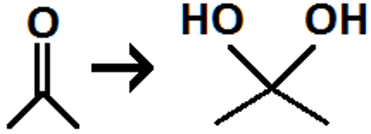 <p>- in presence of water, aldehydes + ketones react to form geminal diols</p>