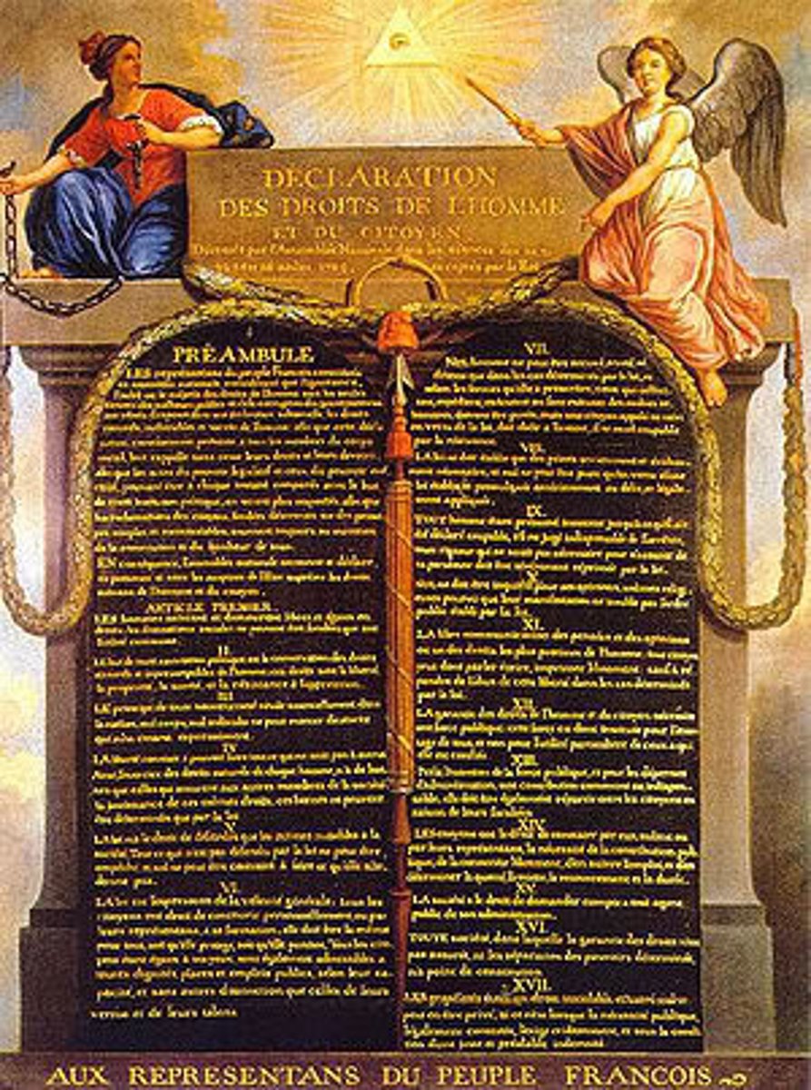 <p>A civil rights document produced during revolution; considered very influential Enlightenment Document; describes "natural and inalienable rights" "men are born free" "equality before the law" "innocent until proven guilty"</p>