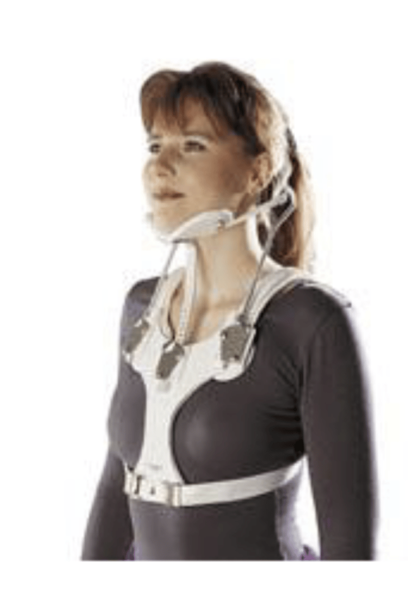 <p>immobilization cervical - somi:</p><p>- sterno occipital ___ immobilizer</p><p>- padded sternal plate attached to 3 uprights</p><p>- most effective restricting ___ at C1 to C5</p>