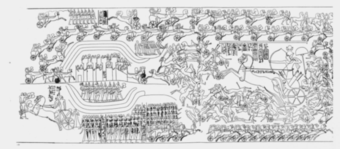 <p>- King on a chariot trampling people, chaos surrounding him</p><p>- King is attacking a fortress/city</p><p>- Not historically accurate</p><p>- He did not actually win any battles</p>