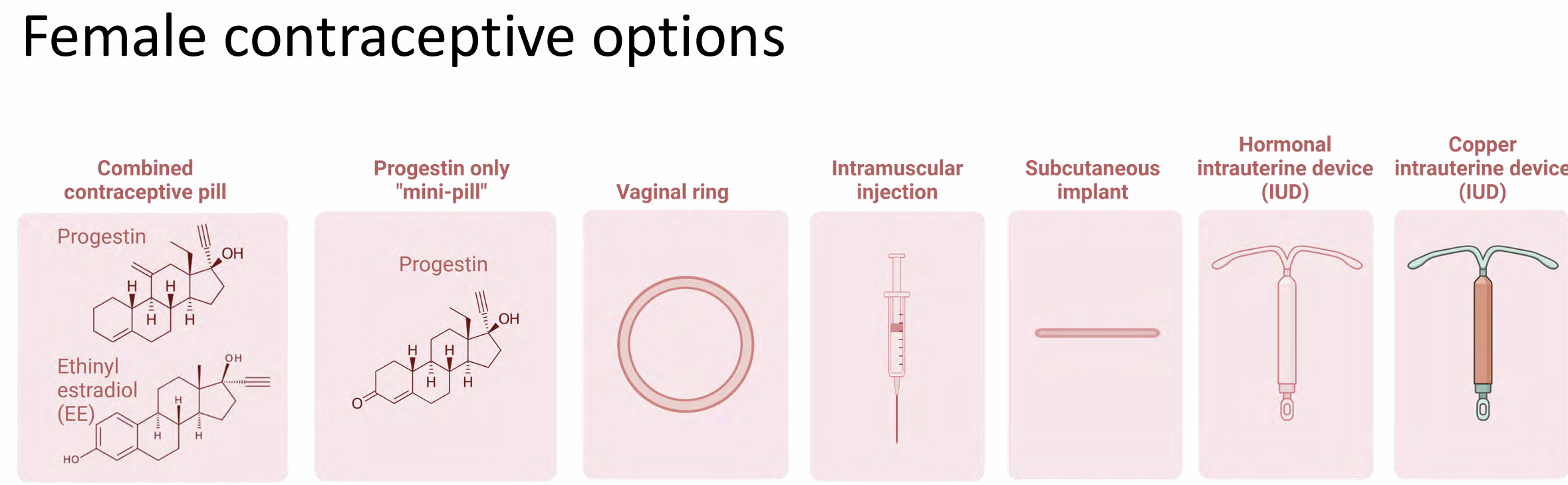 <ol><li><p>Combined contraceptive pills</p></li><li><p>Progestin ONLY pill (mini pill)</p></li><li><p>Hormonal vaginal ring</p></li><li><p>Intramuscular injection</p></li><li><p>Subcutaneous implant</p></li><li><p>Levonorgestrel IUD</p></li><li><p>Copper IUD</p></li></ol><p></p>