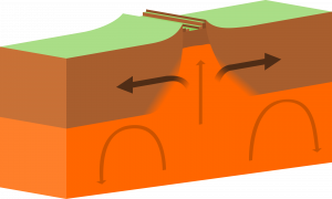 <p>plates move away from each other bc of magma rising</p><ul><li><p>forms mid-oceanic ridges, volcanoes, seafloor spreading, rift valleys</p></li></ul><p></p>