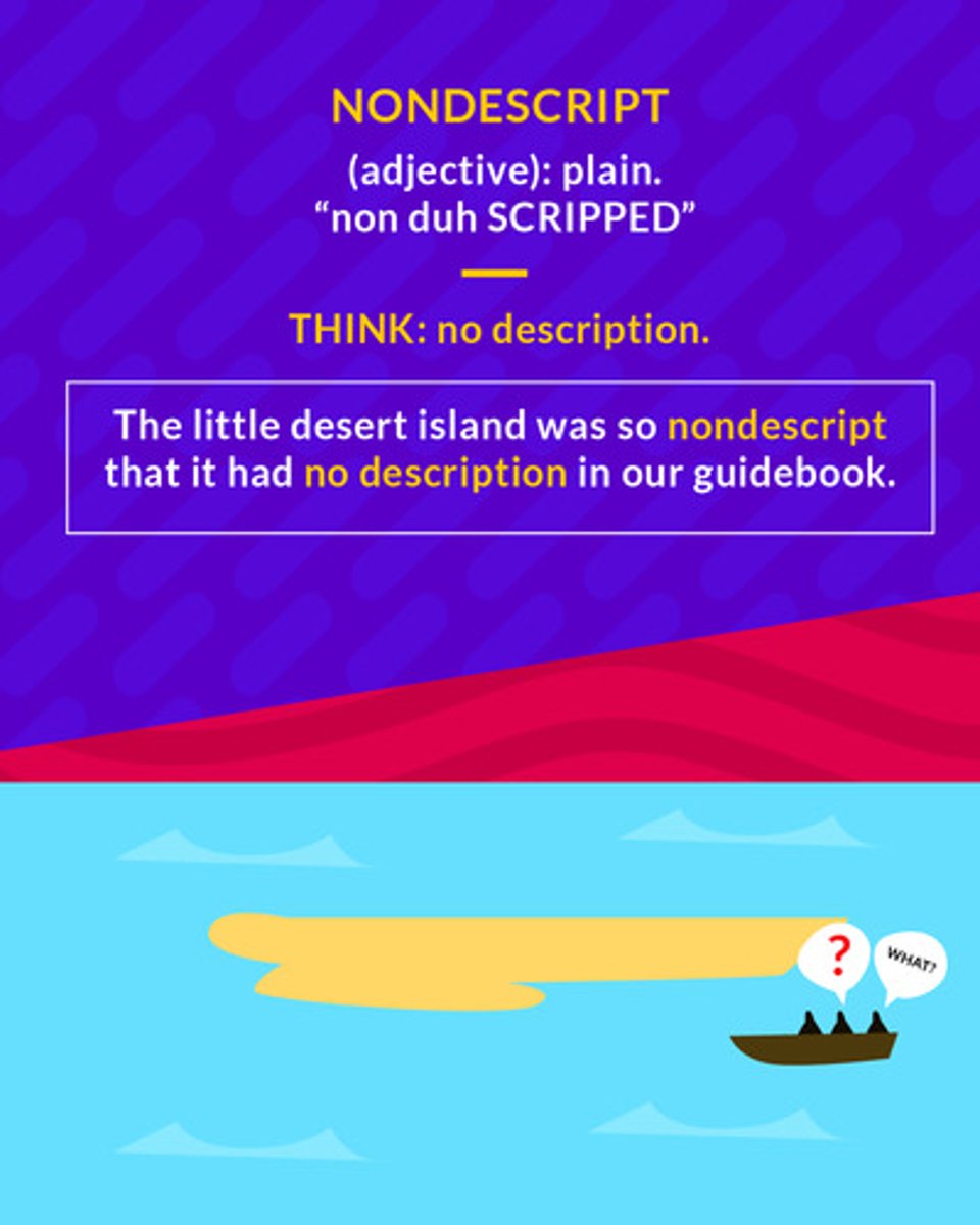 <p>(adj.) ordinary, not outstanding; not easily classified</p><p>(adj.) plain</p>