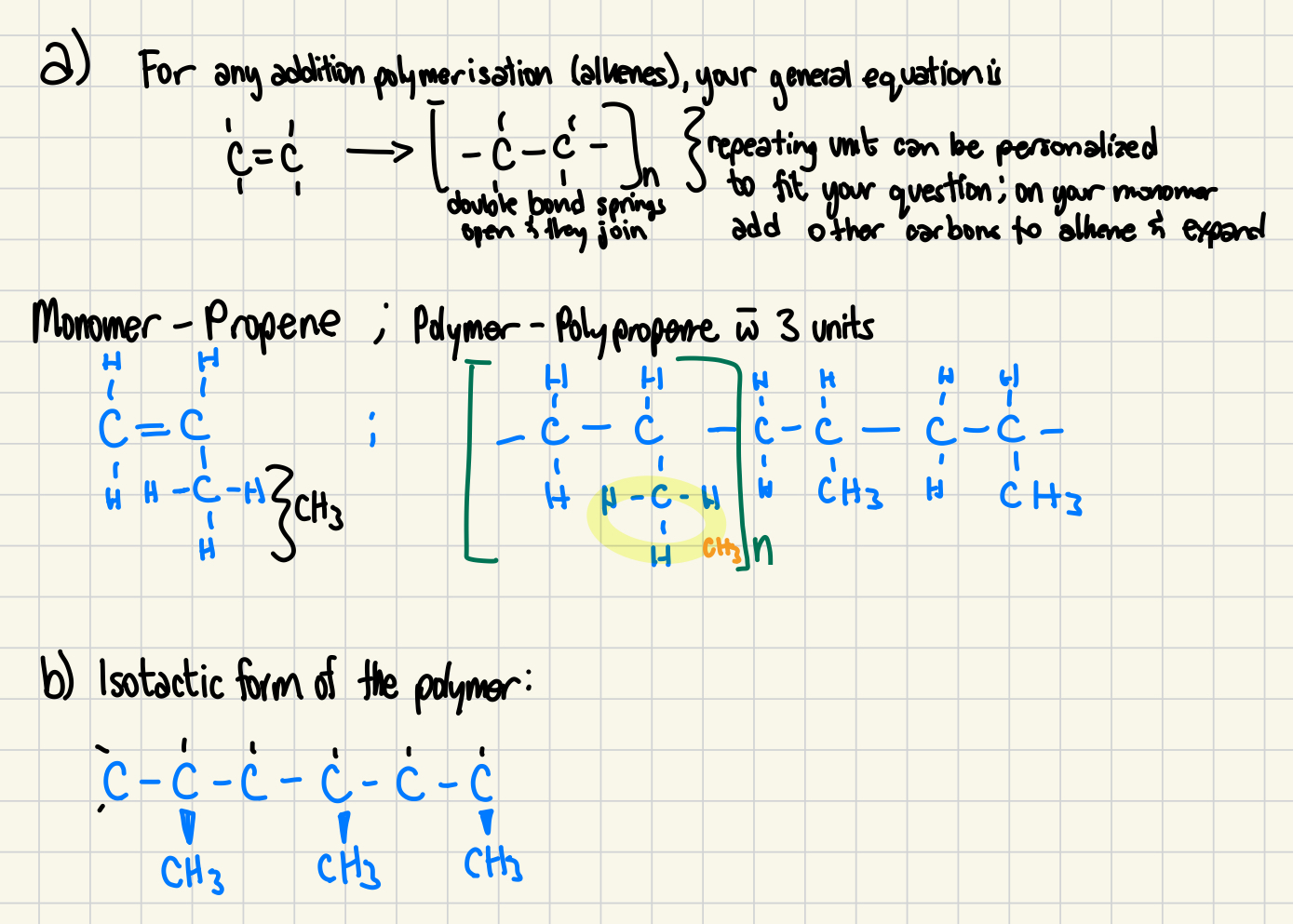 <p>C-C=C , &nbsp; b) all on the same plane c )intermolecular bonding: isotactic bond is better, atactic poorest</p>