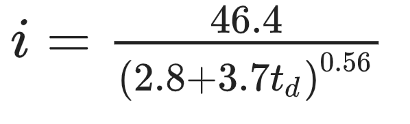 <p>The IDF curve for 10-year storms in Raintown, Waterstate is given by   </p><p>where i is the average intensity in inches/hr and td is the duration in minutes. Assuming that the maximum rainfall intensity occurs at 50% of the rainfall duration, estimate the triangular hyetograph for a 70-min storm. At what time (t ; measured in minutes from beginning of storm) does the peak rainfall intensity occur?</p>