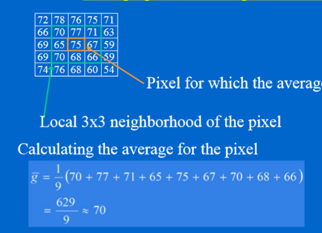 <p>averaging in a local neighborhood of pixels</p><p>not good for salt and pepper noise</p><p>blures edges, cannot show periodic patterns</p>