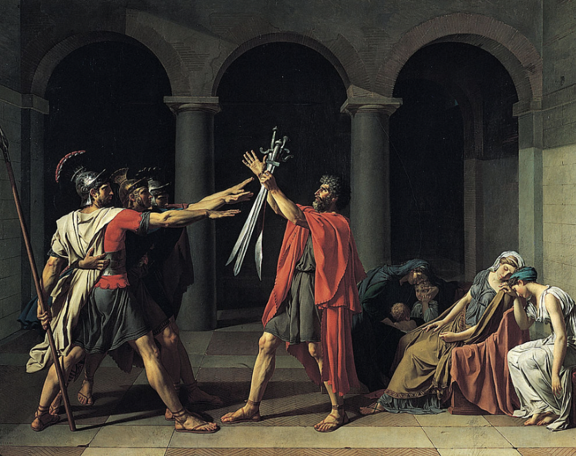 <ul><li><p>David, Louvre</p></li><li><p>Horatii&apos;s brothers’ oath to dad that they’ll win fight with rival bros (Alba Longa)</p></li><li><p>3 v 3 fight</p></li><li><p>left: 3 hortii, right: sister hortii engaged to curaitli brother</p></li><li><p>loyalty of brothers - loyalty to country</p></li><li><p>women = passive, males = active</p></li><li><p>roman form of painting → neocassical</p></li></ul>