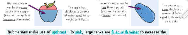 <ul><li><p>an object thats denser than fluid its placed in is unable to displace enough fluid to equal its weight. This means that its weight is always larger than the upthrust so it sinks</p></li><li><p>example → submarines make use of upthrust. To sink, large tanks r filled w water to increase the weight of submarine so that it is more than upthrust. To rise to the surface the tanks r filled w compressed air to reduce the weight so that its less than the upthrust</p></li></ul>