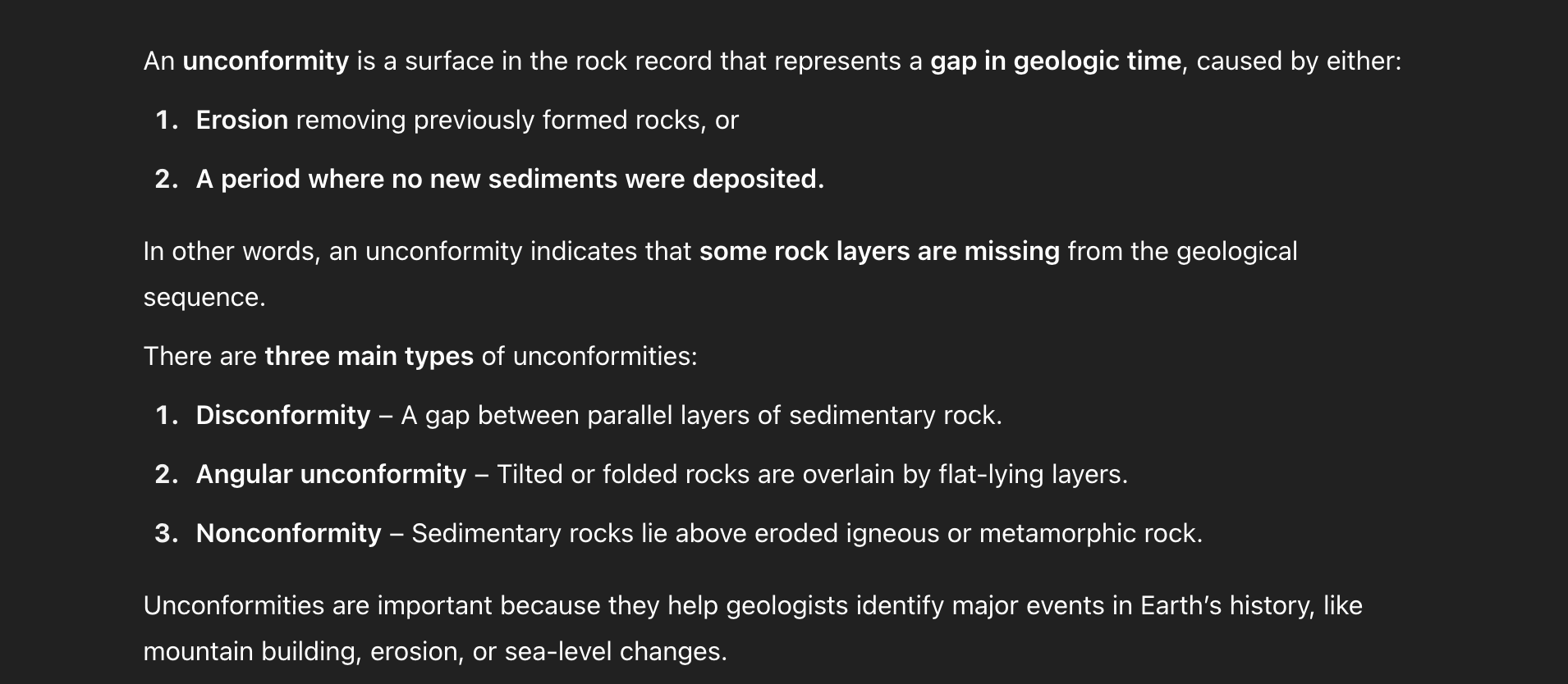 <p>A time gap in the rock record.</p>