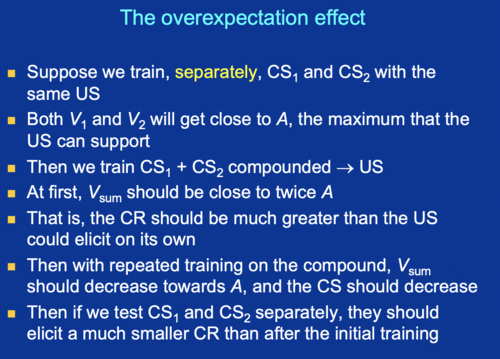 If two CSs are conditioned separately and then together, the animal has an over-expectation about the size of the US, and both CSs will experience some inhibitory conditioning
