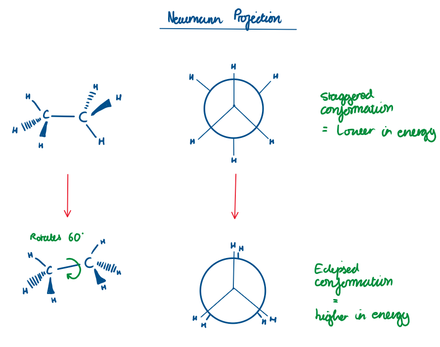 <p>As you rotate around the C-C bond, the molecular passes through staggered conformation (lowest energy) to eclipsed conformation (highest energy because of electron repulsion)</p><p></p>