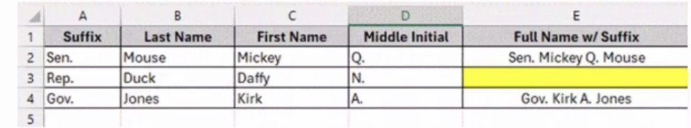 <p>Using the provided view, what is the most appropriate formula to generate Rep. Daffy N. Duck in cell E3?</p>