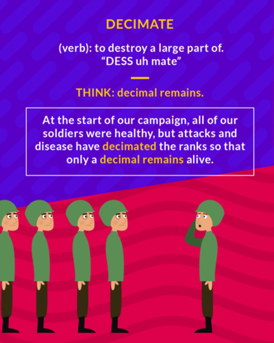 <p>to destroy or kill a large part of</p><p>(verb) to destroy a large part of</p>