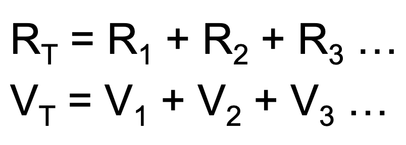 <p>R<sub>t</sub> = R<sub>1</sub> + R<sub>2 </sub>+ R<sub>3</sub>… or sub R with V, while Amperage remains constant in circuit</p>