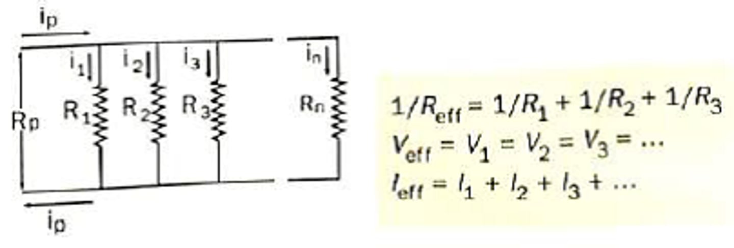 <p>I moves around the circuit from V in a clockwise manner and down the parallel parts of the circuit from top to bottom. Depending on where you are in the circuit, you can add or subtract I (ex. I2 + I3 for a middle circuit box)<br>V(battery)/R(EQ) = V1/R1 + V2/R2 + V3/R3<br>V total = V1 = V2 = V3<br>I = V(1/R1 + 1/R2 + 1/R3)<br>**switch REQ so no longer inverse</p>