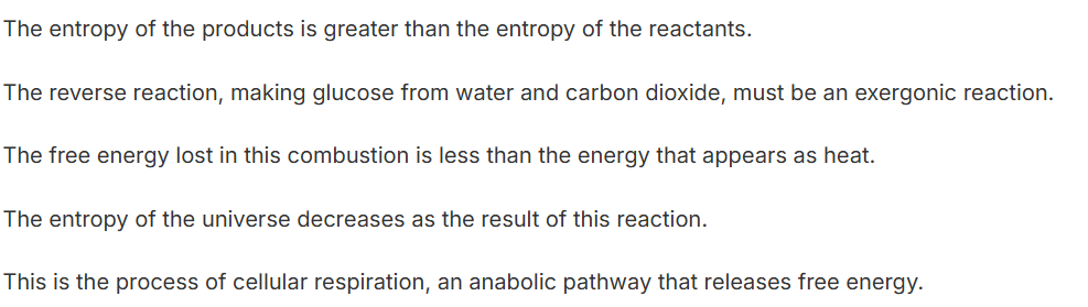 <p><span>Which of the following statements about the combustion of glucose with oxygen to form water and carbon dioxide (C6H12O6 → 6CO2 + 6H2O) is correct?</span></p>