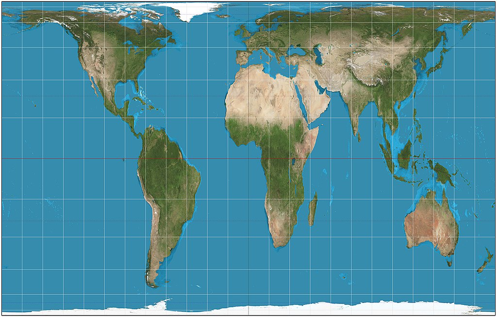 <ul><li><p>Land area accuracy</p></li><li><p>Areas near the poles are stretched horizontally</p></li><li><p>More accurately shows southern hemisphere as larger than Northern Hemisphere</p></li></ul>