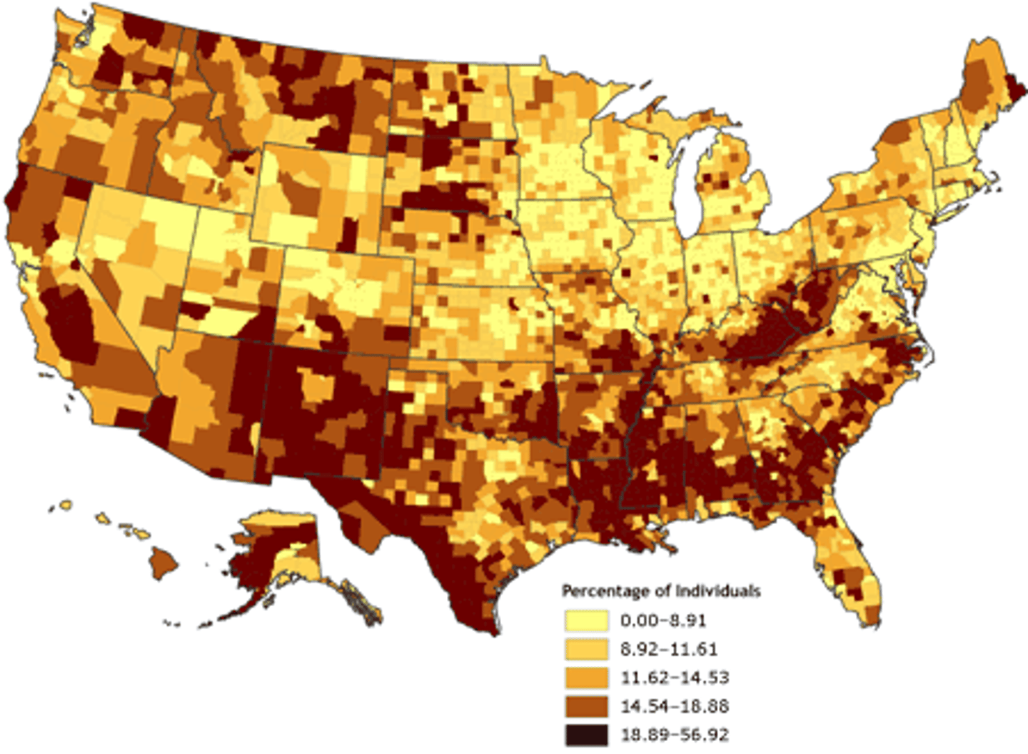 <p>A thematic map that uses tones or colors to represent spatial data as average values per unit area.</p>