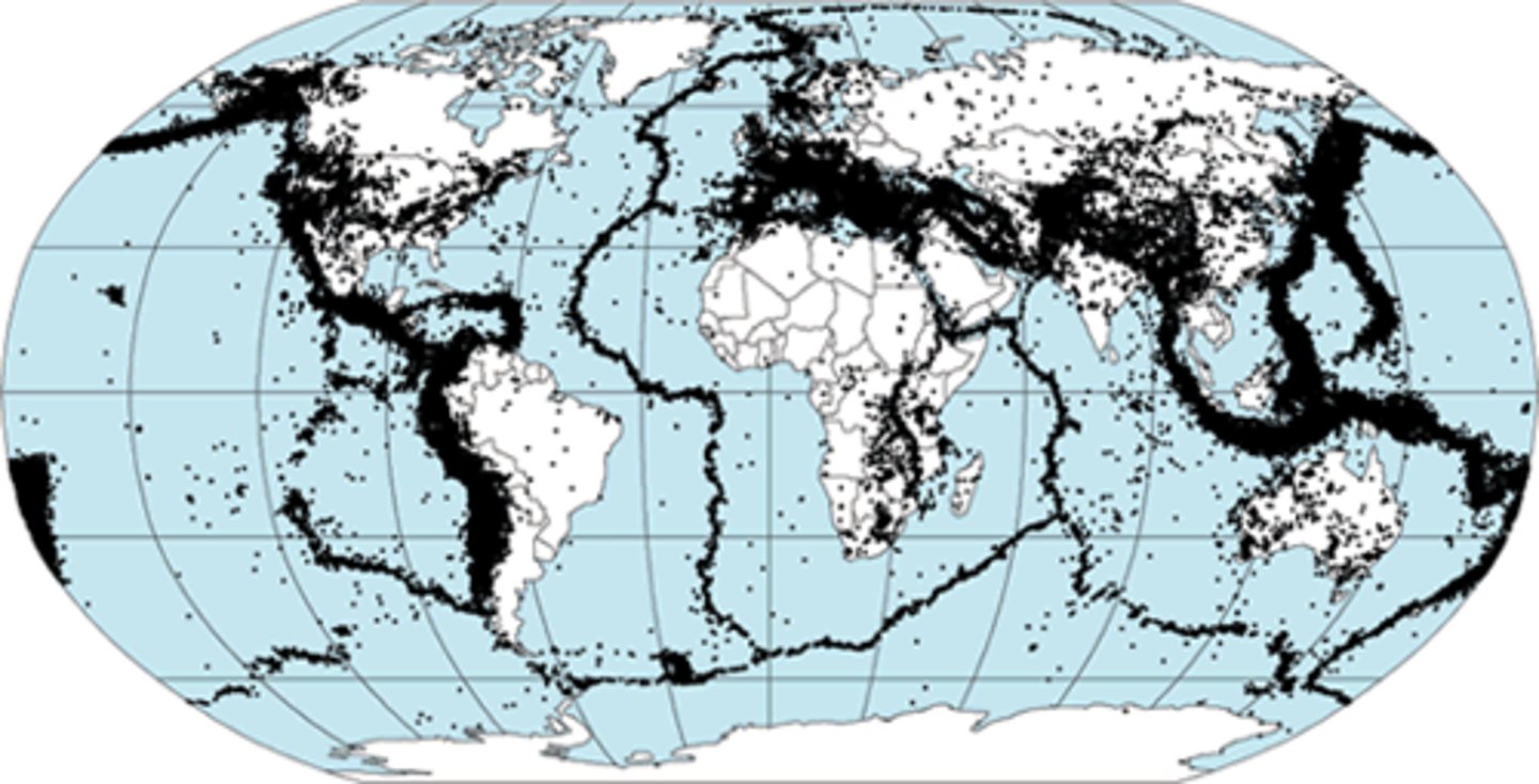 <p>area where two tectonic plates meet; this is where most earthquakes and volcanoes occur</p>