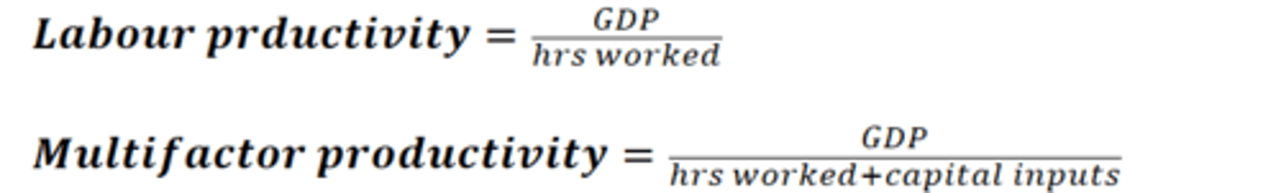 <p>Labour productivity - ratio of output to the input of labour (hours worked).</p><p>Multifactor productivity - ratio of output to the inputs or labour and capital( how much technology is used), is a broader measure</p>