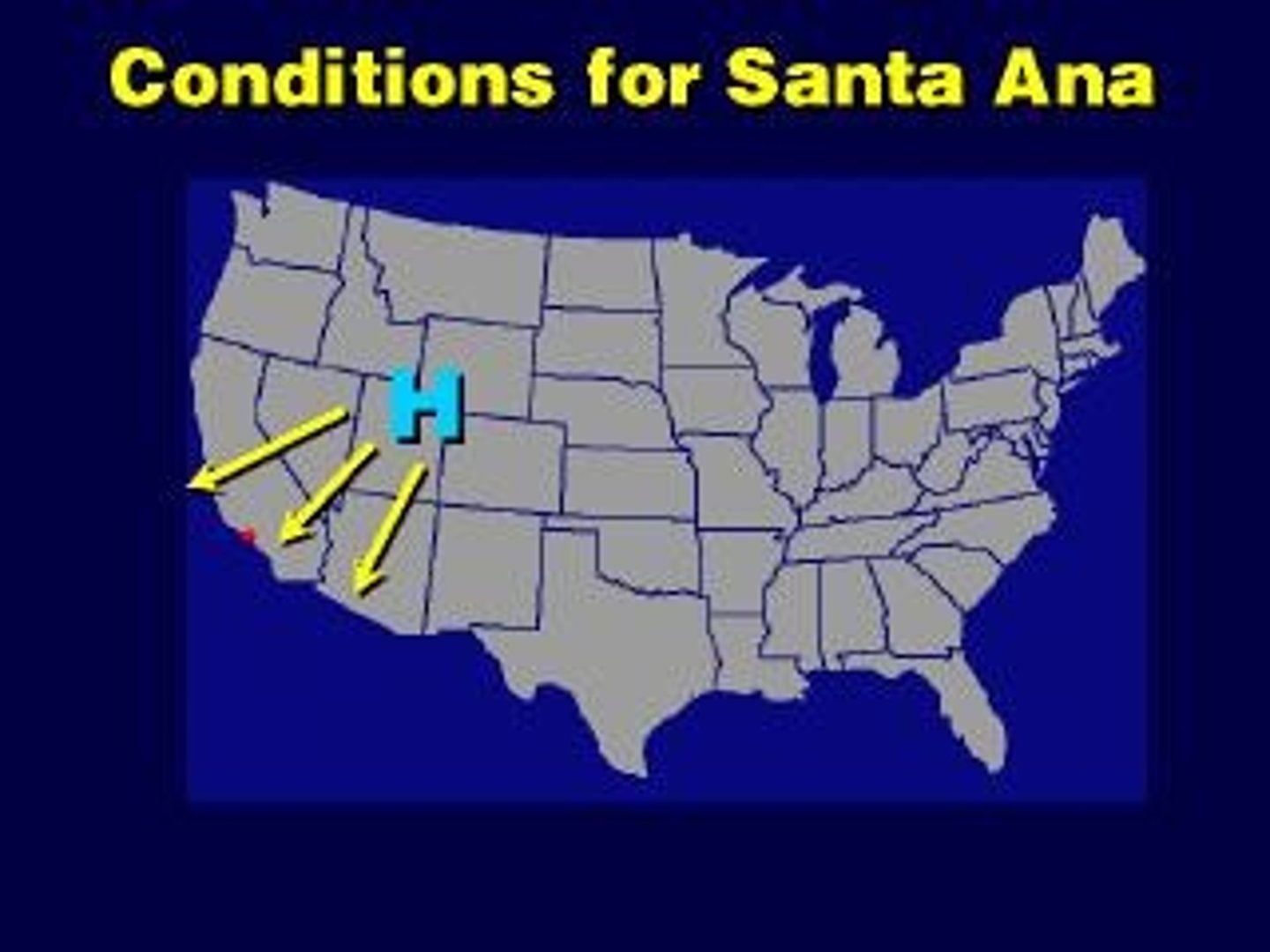 <p>Warm, dry winds that blow downhill from the east or northeast into southern California.</p>