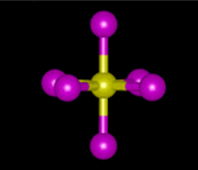 <p>6 electron domains, angles of 90 degrees and d2sp3 hybridisation</p>