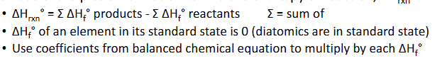 <p>Enthalpy of formation, △H<sub>f</sub>, is the amount of energy associated with forming 1 mol of a compounds from its elements</p><p>If there is a degree sign in the symbol (△H<sub>f</sub>°), that means that this energy is associated with the standard state of the lement or teh state in which the susbatnce is most stabke at 25°C)</p><p>Can use enthalpies of formation to find the nehalpy of reaction, △H<sub>rxn</sub>°</p><ul><li><p></p></li></ul><p></p>