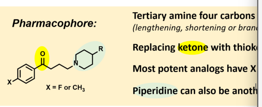 <p>Tertiary amine four carbons away from phenyl group</p><p>Ketone</p><p>Most potent analogs have X=F at the 4 position</p><p>Piperidine can also be another cyclic amine</p>