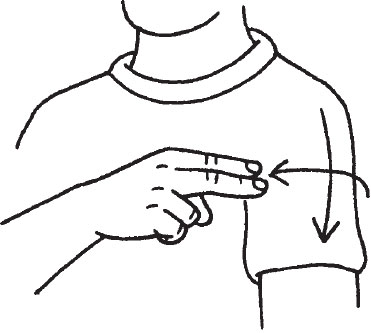 <p>Use “U” handshape of left hand to make a cross on your </p>