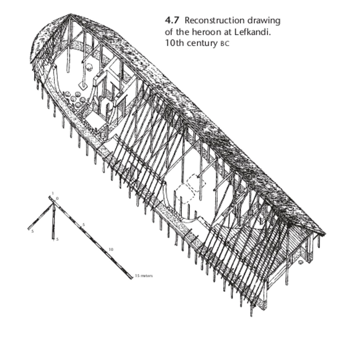 <p>Monumental structure in timber and mud brick covering the burials of a man, woman, and four horses. Ca. 1000-950 BCE.</p><p>Who:</p><p>The Heroon at Lefkandi was built by the inhabitants of Lefkandi, a significant settlement during the Early Iron Age12.</p><p>What:</p><p>The Heroon at Lefkandi is an unusual funerary structure that contained a double human burial alongside a horse burial1. It's considered the earliest monumental building of Iron Age Greece3.</p><p>Where:</p><p>The Heroon is located at its original site in Lefkandi, Euboea, Greece41.</p><p>Original Findspot:</p><p>The Heroon is located at its original site in Lefkandi1.</p><p>When:</p><p>The Heroon dates to around 1000-950 BC1.</p><p>Why it's interesting and important:</p><p>The Heroon at Lefkandi is significant because it provides valuable insights into the funerary practices and beliefs of the Early Iron Age Greeks5. Its scale and nature have led some scholars to identify it as a heroon1. The structure's planning concept and measurements also provide insights into Greek architecture during this period3.</p><p>Planning and Design: The Heroon at Lefkandi appears to be a simple construction, in which the interaxial or bay of 15 ft seems to be the planning unit for the ground plan1. This suggests that even in this early period, Greek architects were using standardized units of measurement in their designs1.</p><p>Building Materials: The walls of the Heroon were made of stone and mud brick, and the interior was plastered smooth2. Postholes on the outside of the exterior walls, against the interior of the walls, and in the center indicate that timber was used to support the thatched roof2. This gives us an idea of the materials and construction techniques used during this period2.</p><p>Monumental Architecture: The Heroon at Lefkandi is considered the earliest monumental building of Iron Age Greece13. This suggests that the Greeks were constructing large and impressive structures even in this early period13.</p><p>Cultural Significance: The Heroon was likely used as a public building for religious rituals1. This indicates that architecture played a significant role in religious and communal activities during this period1.</p><p>Influence on Later Architecture: The Heroon at Lefkandi has won a special place in archaeological manuals as a forerunner</p>