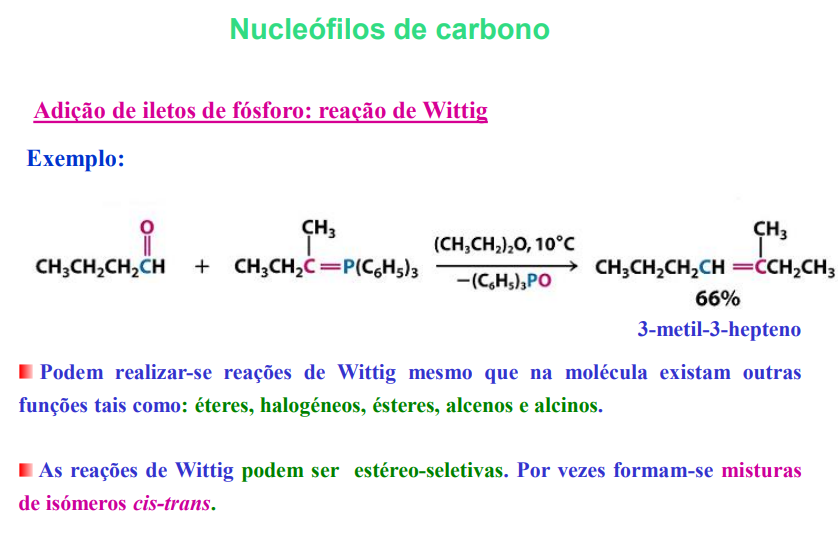 <p>adição de iletos de fósforo: reação de wittig (pode ser estéreo-seletiva, por vezes formam-se misturas de isómeros cis-trans)</p>