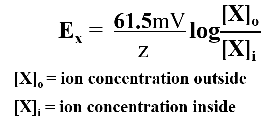 tells us what voltage to apply to prevent diffusion of an ion down its concentration gradient

* specific to a particular ion
* at what charge inside cell will the ion stop diffusing across membrane

\
z is the charge on the ion
