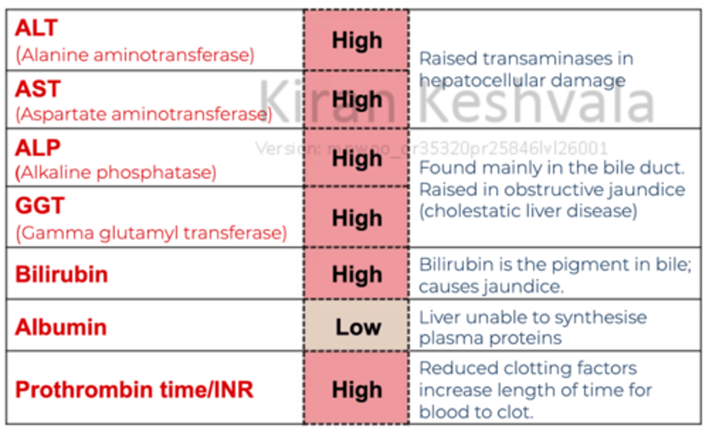 <p>ALT - High</p><p>AST - High</p><p>ALP - High</p><p>GGT - High</p><p>Bilirubin - High</p><p>Albumin - Low</p><p>Prothrombin time/INR - High</p>