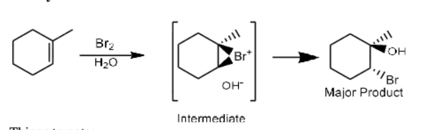 <ul><li><p>Br<sub>2</sub> / H<sub>2</sub>O</p></li><li><p>Products: Br + OH</p></li><li><p>Anti/Trans</p></li><li><p>Follows Mark’s Rule</p></li></ul><p></p>