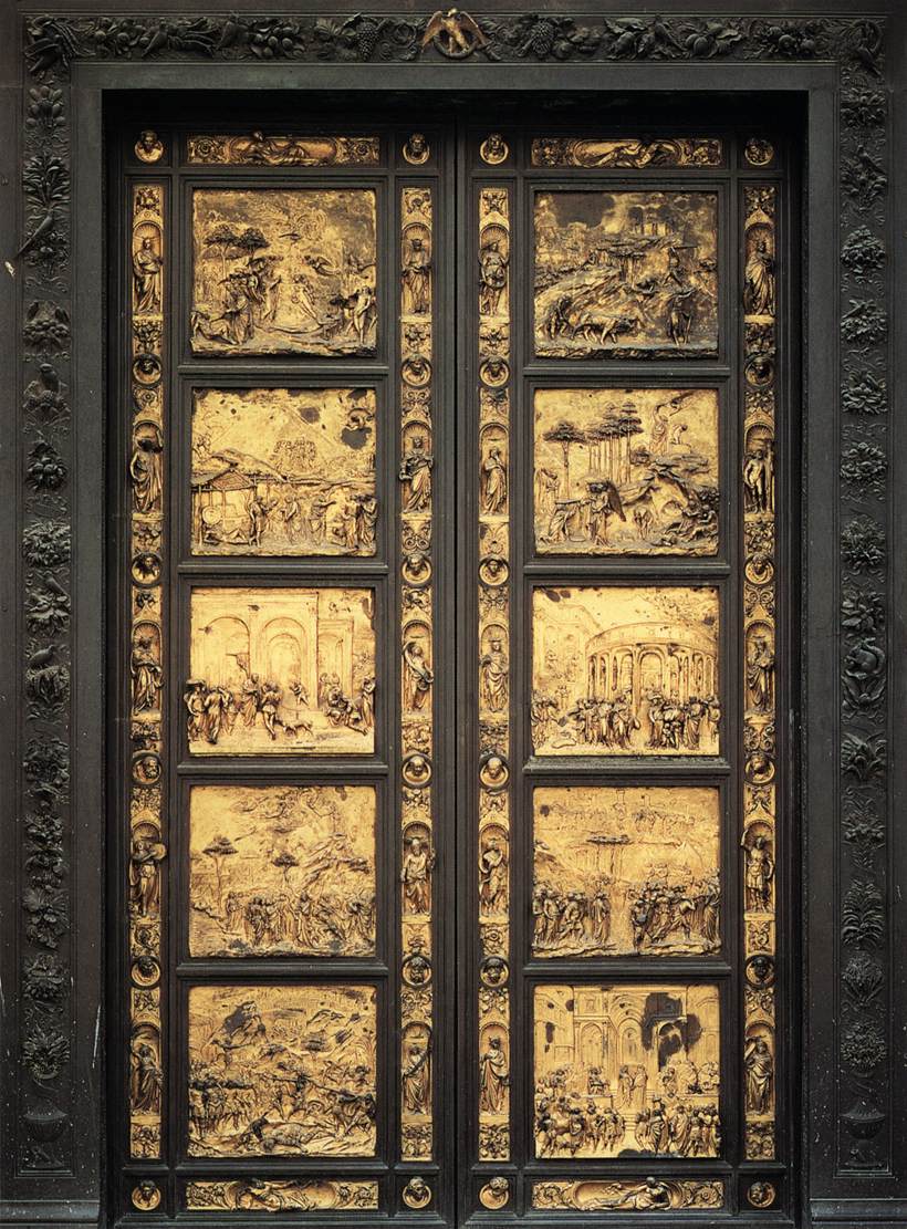 <p>Ghiberti second commission for Florence Cathedral in 1425. Depicts 10 scenes of various parts of the Old-Testament. He uses varying degrees of relief in order to show a greater sense of depth and  uses vanishing point to allow greater detail in each narrative panel. It also includes a self-portrait of Ghiberti. </p>