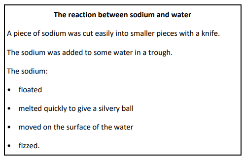 <p>A chemistry teacher demonstrated the reaction between sodium and water to a class of students.</p><p>One of the students wrote the following notes.</p><p>Use the information in the box to help you answer these questions.</p><p>What evidence is there that: sodium has a low melting point</p>