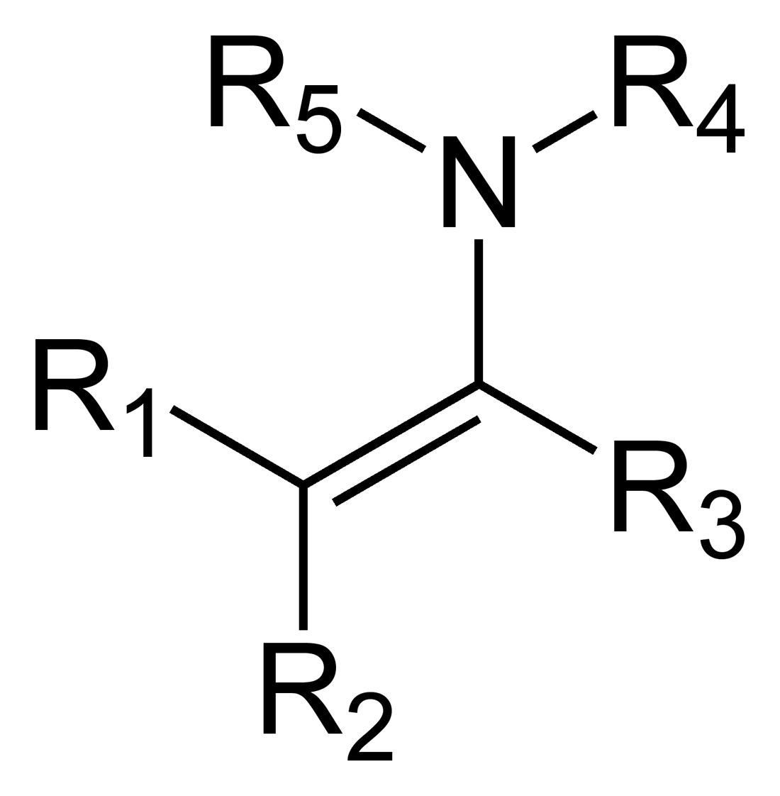 <p>Imines can tautomerize to form these; Contain both a double bond and a nitrogen-containing group</p>