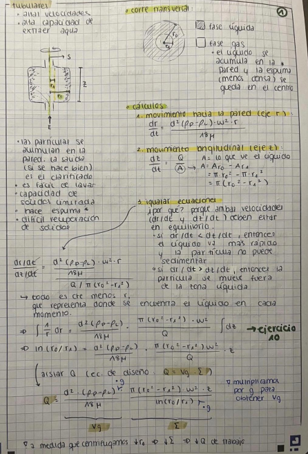 <p>Se igualan el mocimiento hacia laa pared (eje r → dr/dt) y el movimiento longitudinal (eje z → dz/dt)</p><p>Ambas velocidades deben de estar en equilibrio:</p><ul><li><p>si dr/dt < dz/dt, entonces el líquido va más rápido y la partícula no puede sedimentar</p></li><li><p>si dr/dt > dz/dt, entonces la partícula se mueve fuera de la zona líquida</p></li></ul><p></p>