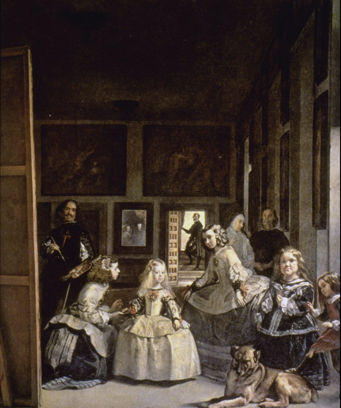 <p>Painter was King Philip IV’s court painter. Scene is more spontaneous and not as posed as other works. Scene appears to be in the painter’s studio with the infanta (princess) at the center. Her maids are working to sooth her (noble women, hold a very prestigious position), man in the back is the queen’s quartermaster. The wall is covered in paintings but one in the back is actually a mirror with a reflection of the queen and the king, seems to suggest they are also posing in the space where the viewer stands. Multiple different interpretations of the work, could be princess posing, king/queen posing for a different work (everything is from the king’s pov), third is that this is a painting about painting (works in the back show myths of Greek gods and humans who challenge them). Artist wanted to be admitted to the Order of Santiago (one must have pure blood and must have never been compensated for their work). Painter puts himself in the background in elegant clothing, trying to show himself as on the same level as all others in the royal court. Painting was made before artist’s induction into the Order but his clothing contains a red symbol of the cross, a symbol of the order, was added later. King had this painting hung in his private office. </p>