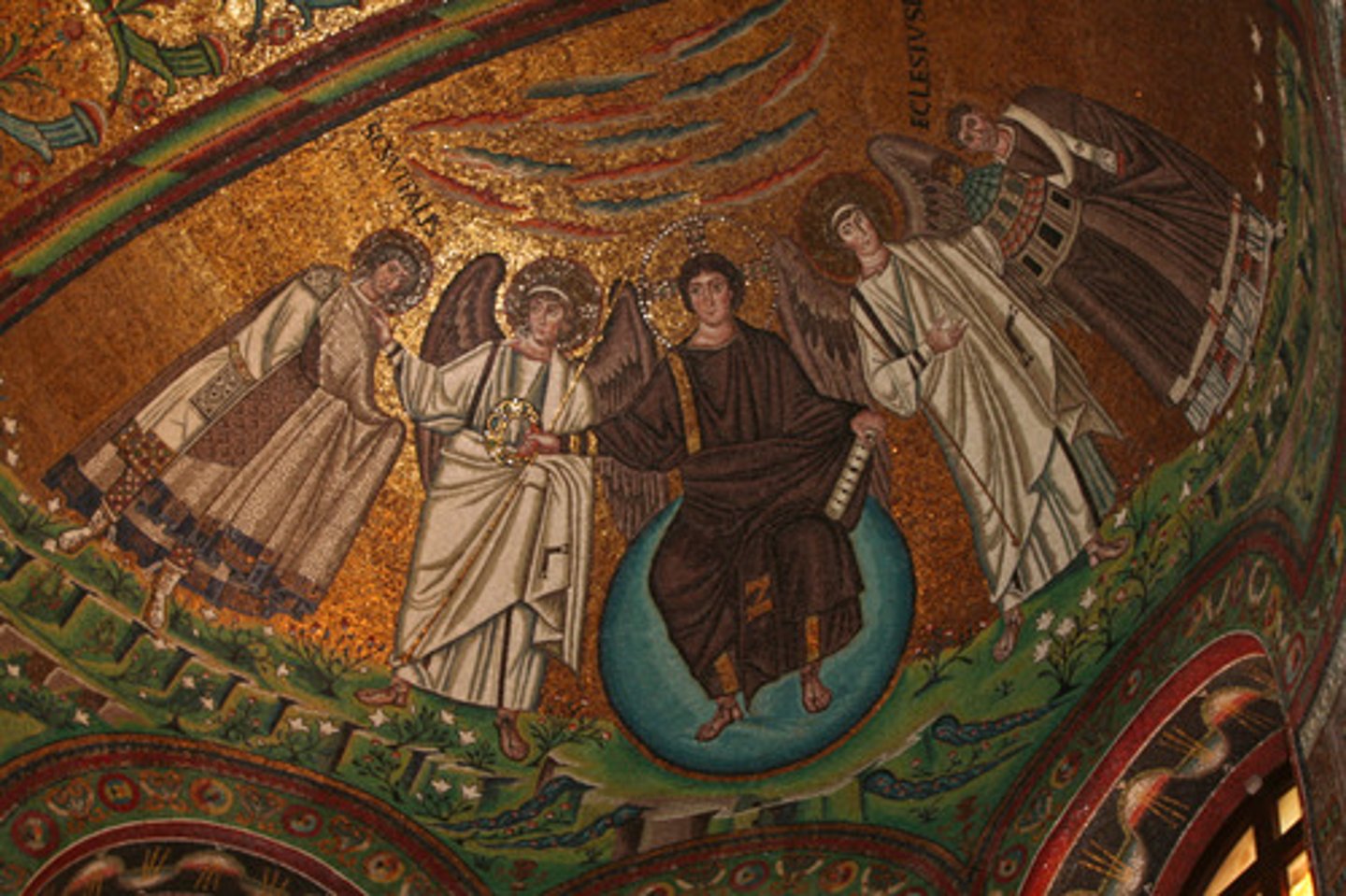 <p>- Christ Enthroned</p><p>- Justinian and his attendants</p><p>- Theodora and her attendants</p><p>Represent gift-giving to Christ upon his ascension</p><p>they're ****ing icons okay</p>