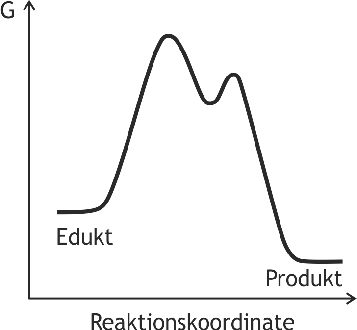 <p>39. The following figure represents the energy diagram of a hypothetical chemical reaction. </p><p>Which statement about the course of this reaction can be clearly derived from this energy diagram?</p><p>(G = Gibbs free energy)</p><p>A. It is an endothermic reaction.</p><p>B. It is an irreversible reaction.</p><p>C. It is a catalyzed reaction.</p><p>D. It is a reaction with an intermediate step.</p><p>E. It is a second-order reaction.</p>