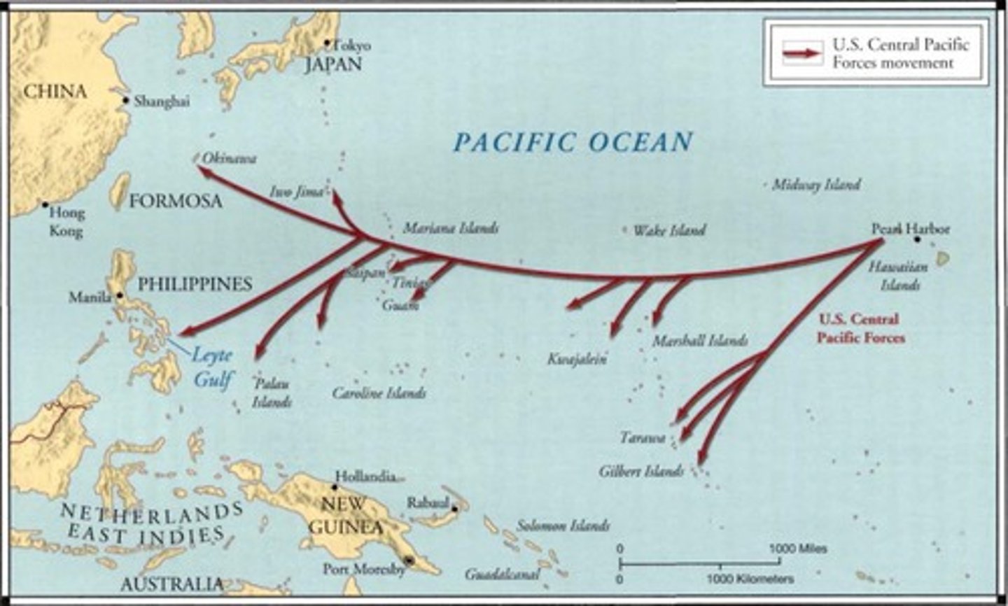 <p>After the Battle of Midway, the United States launched a counter-offensive strike known as "island-hopping," establishing a line of overlapping island bases, as well as air control. The idea was to capture certain key islands, one after another, until Japan came within range of American bombers</p>