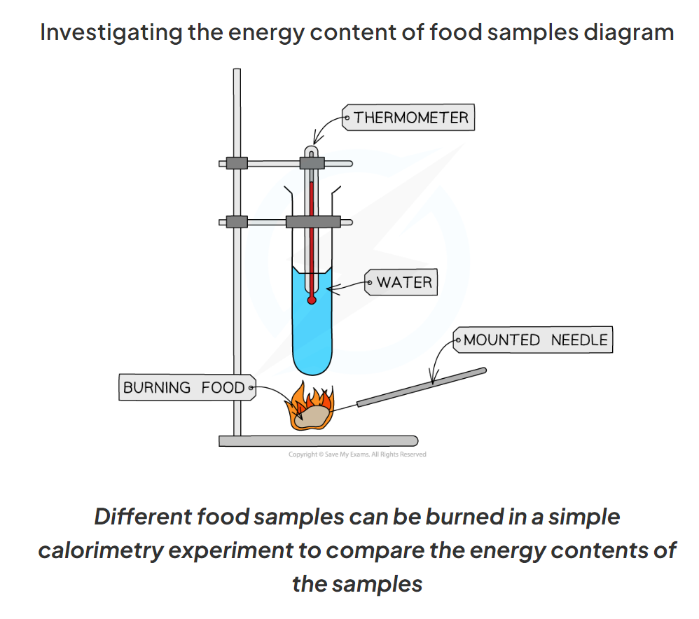 <ul><li><p>Use a measuring cylinder to measure out 25 cm<sup>3</sup> of <strong>water</strong> and pour it into the boiling tube</p></li><li><p>Record the <strong>starting temp </strong>of the water using a thermometer</p></li><li><p>Set fire to the sample of food using a bunsen burner and hold the sample 2cm from the boiling tube until is has<strong> completely burned</strong></p></li><li><p>Record the<strong> final temp</strong> of the water</p></li><li><p>Repeat the process with different food samples </p><p>E.g popcorn, nuts, crisps</p></li></ul>