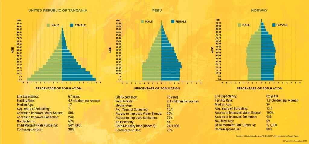 <p>A bar graph that represents the distribution of population by age and sex </p>