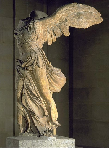 Hellenistic Greek. 
c. 190 B.C.E. 
Marble.

Samothrace was one of the principle pan-Hellenistic sanctuaries. Increased emphasis on Nike after death of Alexander 

Composition of wings and limbs follows form of right triangle. Violent motion meets abrupt stillness.
