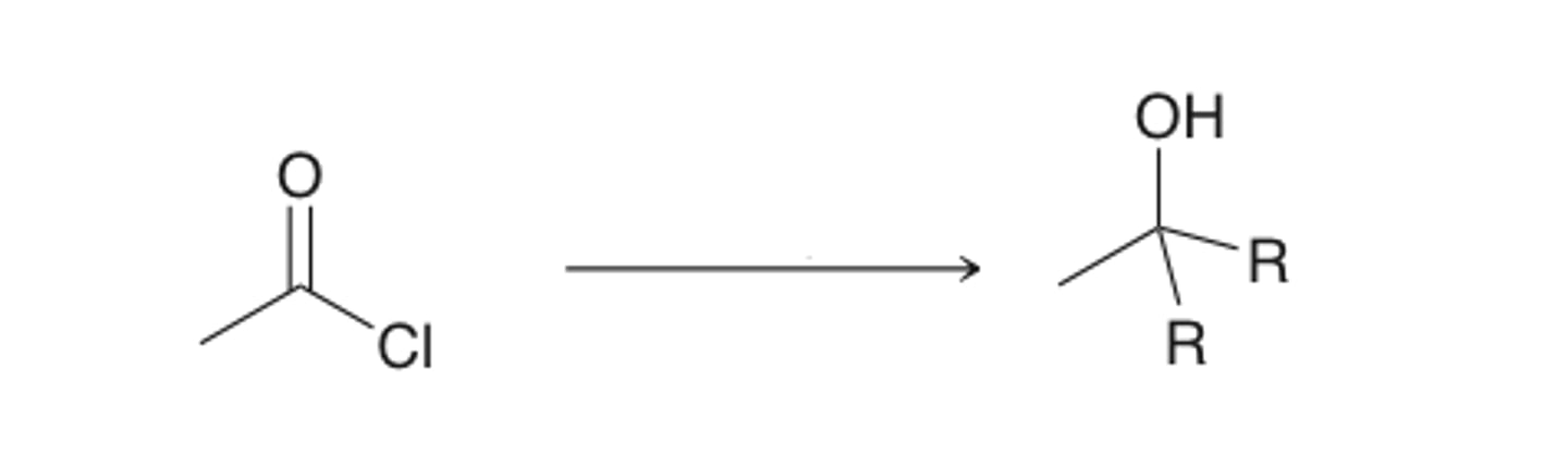 <p>adds R groups to acid chloride, replaces with alcohol</p>