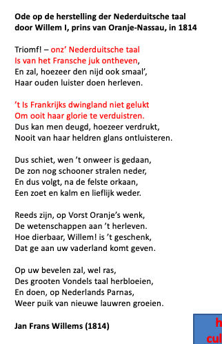 <ul>
<li>1793-1846</li>
<li>Literatuur ZNL</li>
<li>“Hollandse azijnpissers”</li>
<li><strong>Vader van de Vlaamse Beweging</strong></li>
<li>Schrijven over taalkwestie</li>
<li>Oranjeklant<ul>
<li>Voorstander taalpolitiek Willem I</li>
<li>Jury literaire wedstrijd en verkiest gedicht van Ledeganck waarin België als vaderland wordt gezien</li></ul></li>
<li>Taal is geen cultuurstrijd</li>
<li>Kiemen taal- en cultuurfetisjisme</li>
</ul>