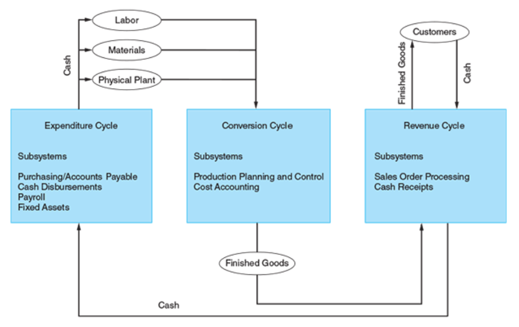<ul><li><p>The Revenue Cycle</p></li><li><p>The Expenditure Cycle</p></li><li><p>The Conversion Cycle</p></li></ul><p></p>