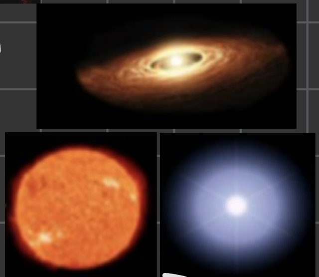 <p>T-Tauri Phase, low/medium mass star, higher mass/massive star </p>